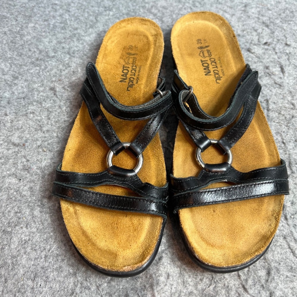 Naot Black Leather Strappy Slide Sandals Cork Footbed O-Ring Womens Size 39